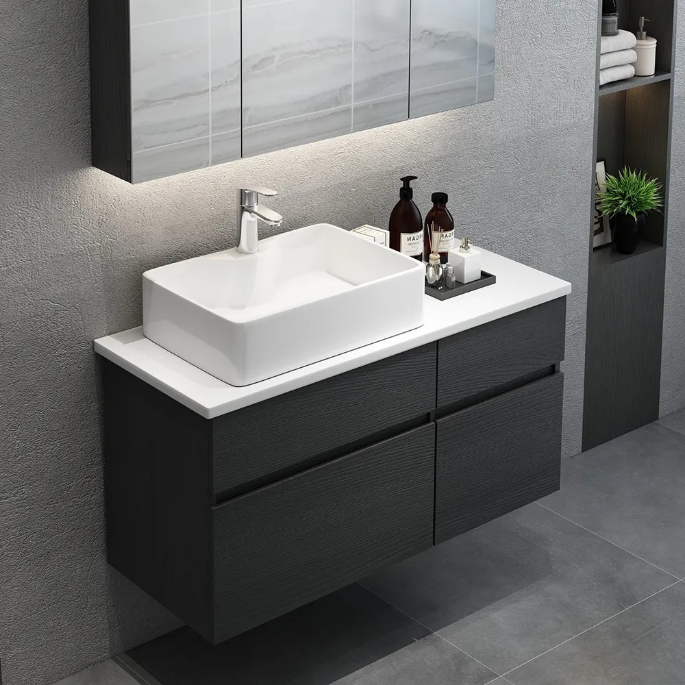 Luxury Modern Matte Black Floating Bathroom Vanity Mirror Cabinet Wall Mounted Bathroom Cabinet Set