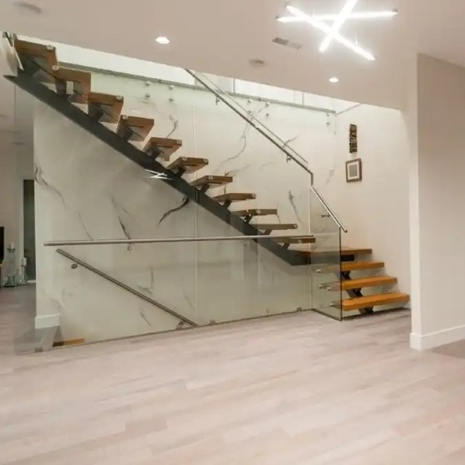 Luxury Indoor Metal Wood Stairs Modern Customized Mono Stringer Straight Staircase Design for Glass Railing Foshan