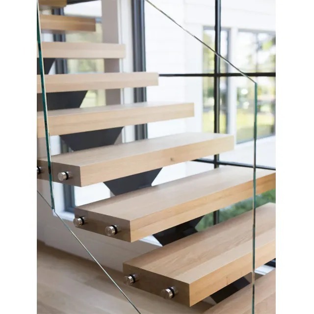 Open Riser Wood Staircase Design Glass Handrail Stainless Steel Railing Straight Metal Wood Box Contemporary Indoor Stairs