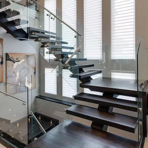 Two Big landings Stair Floating Straight Stairs Interior Staircase Villa Indoor Steel Stair With Wood Tread and Glass Railing