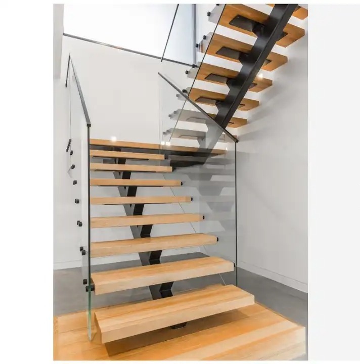 Luxury Indoor Metal Wood Stairs Modern Customized Mono Stringer Straight Staircase Design for Glass Railing Foshan