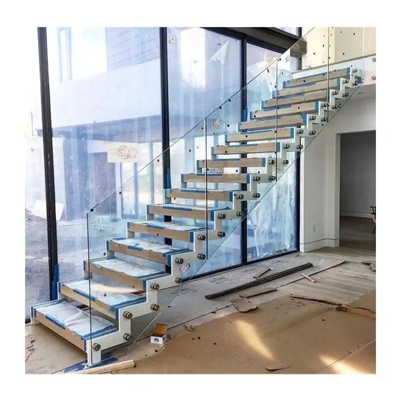 Open Riser Wood Staircase Design Glass Handrail Stainless Steel Railing Straight Metal Wood Box Contemporary Indoor Stairs