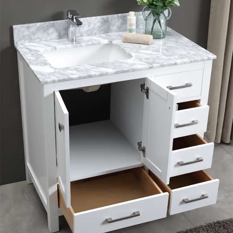 2022 wall mounted marble and solid wood cabinet double sink modern bathroom vanity with smart led light