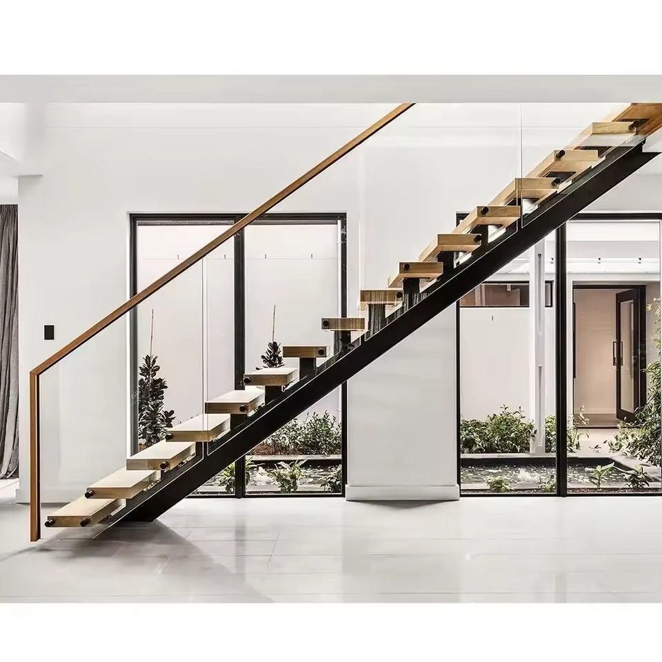 Two Big landings Stair Floating Straight Stairs Interior Staircase Villa Indoor Steel Stair With Wood Tread and Glass Railing