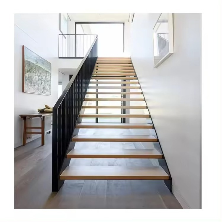 Interior  High Grade Luxurious Solid Wood Stairs Carbon Steel Railing Straight Staircase