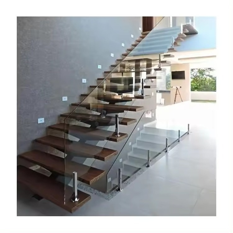 Two Big landings Stair Floating Straight Stairs Interior Staircase Villa Indoor Steel Stair With Wood Tread and Glass Railing