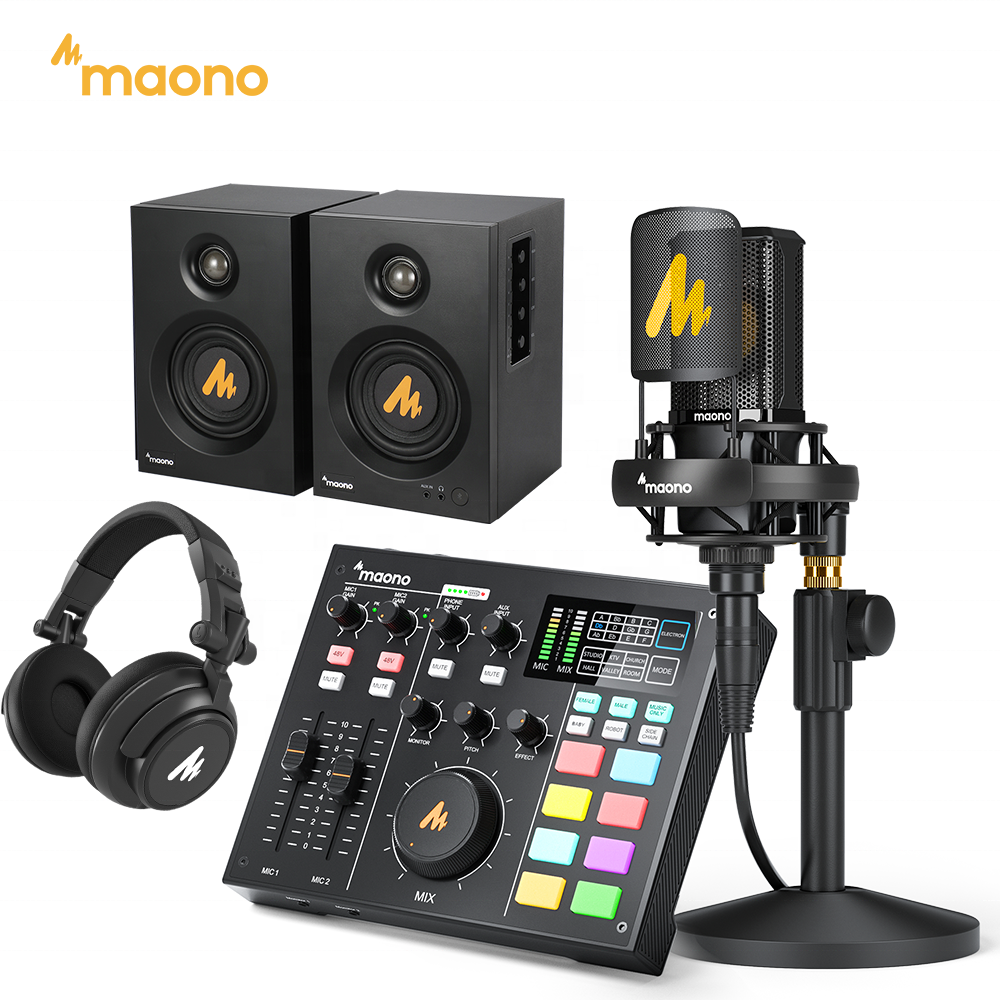 MAONO Podcast Equipment Bundle Podcast Mixer Condenser Microphone DJ Headphone Monitor Speaker Podcast Sound Cards Audio Mixers