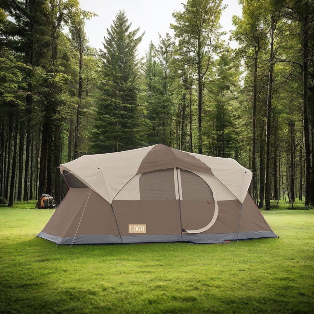 Brown Family Double Layer Leisure Tent 2 Room 8-10 Person Camping Cabin Grow House Shape for Summer