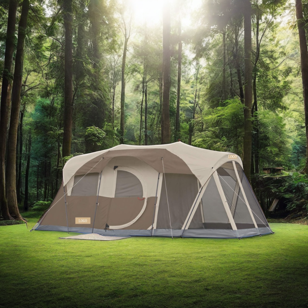 Brown Family Double Layer Leisure Tent 2 Room 8-10 Person Camping Cabin Grow House Shape for Summer