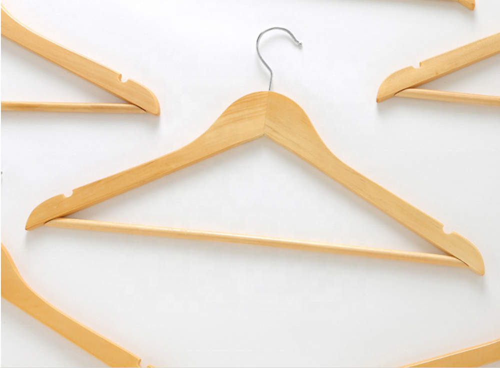 wholesale natural color solid wooden clothing hanger with bar