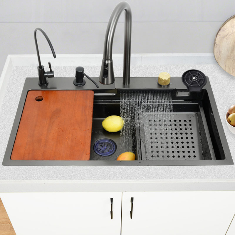 Kitchen Sink Black Nano Single Modern Stainless Steel Waterfall Kitchen Sinks Smart 304 Stainless Steel Kitchen Sink