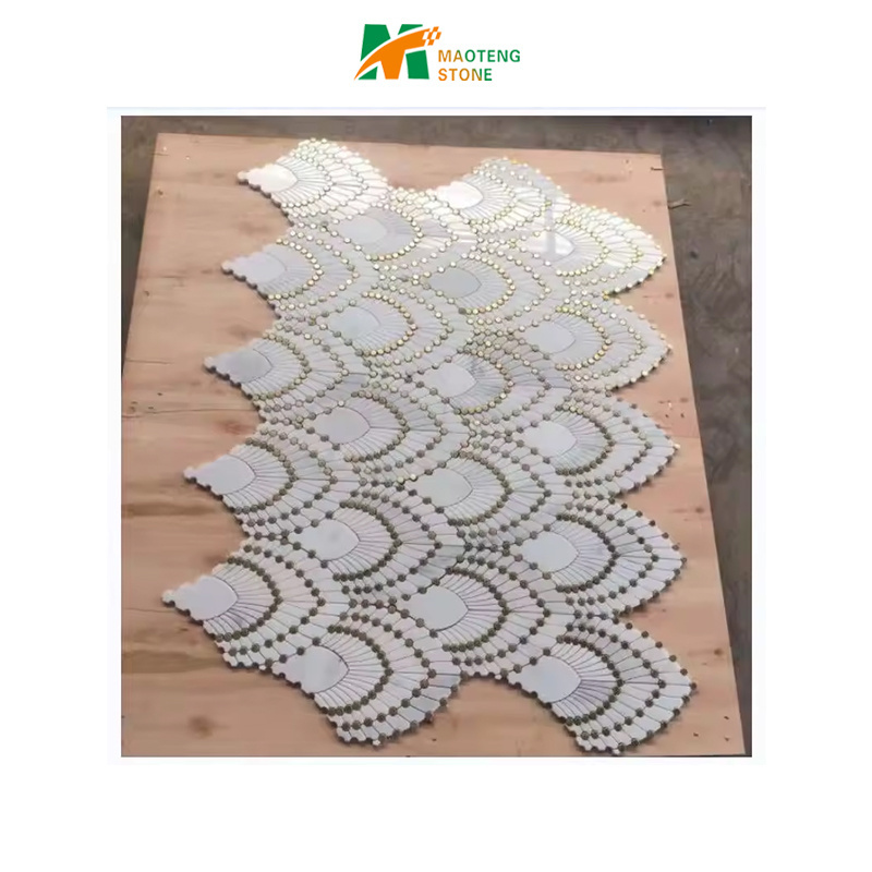 Marble Fish Scale Fan Shape Mosaic Tile Polished Waterjet Marble Mosaic, Kitchen Backsplash /Bathroom Tile