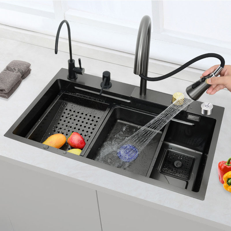 Kitchen Sink Black Nano Single Modern Stainless Steel Waterfall Kitchen Sinks Smart 304 Stainless Steel Kitchen Sink