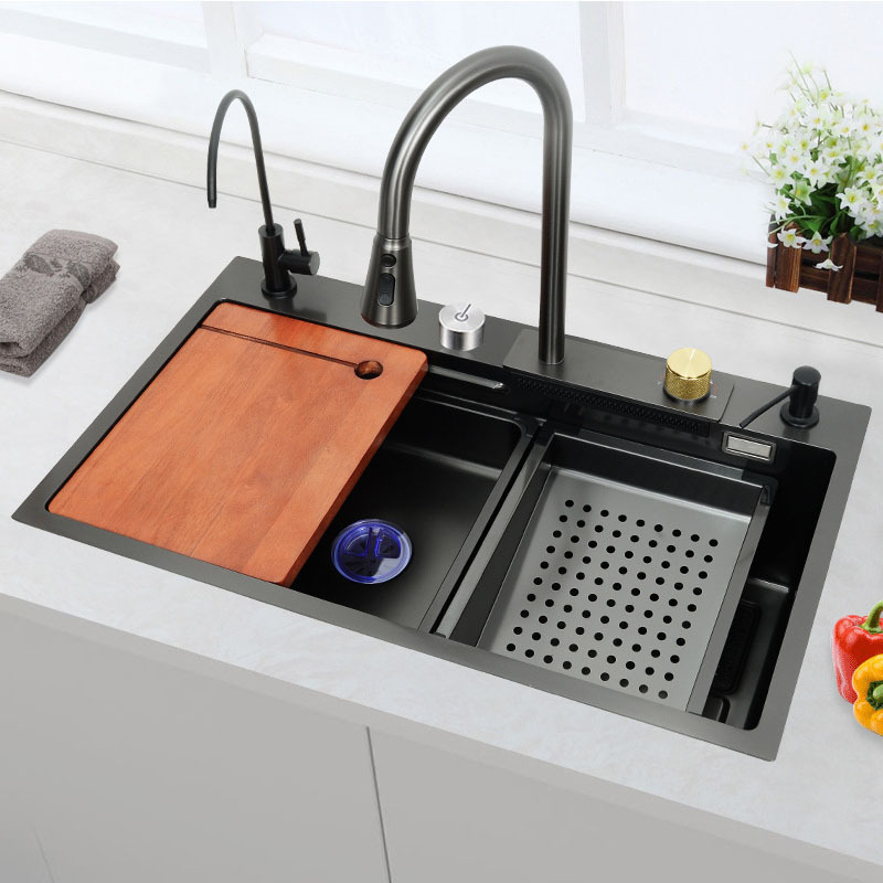 Kitchen Sink Black Nano Single Modern Stainless Steel Waterfall Kitchen Sinks Smart 304 Stainless Steel Kitchen Sink