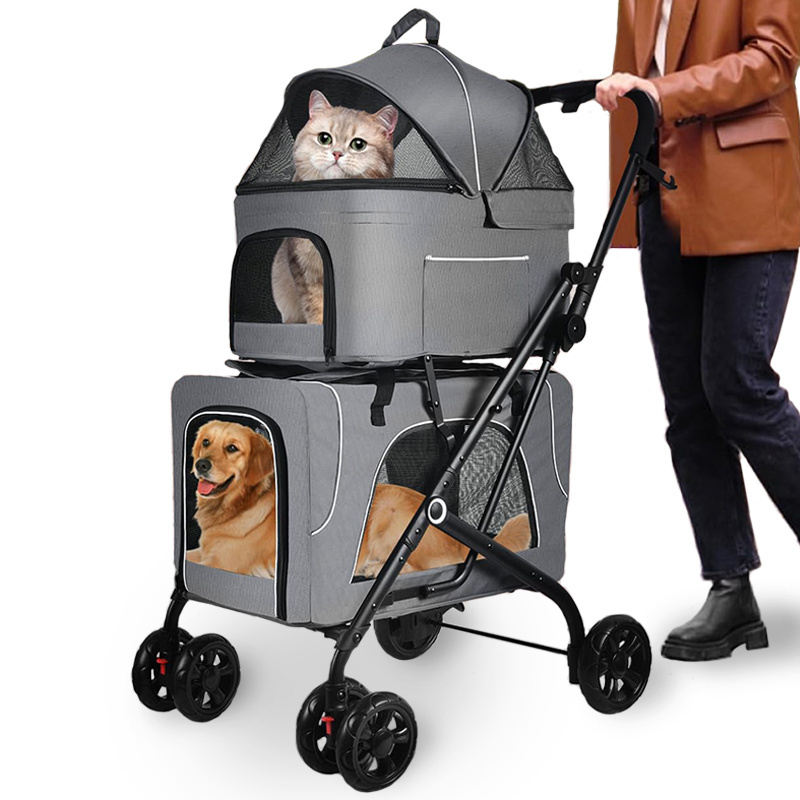 One-Hand Easy Folding Pet Stroller Detachable for Cats Small Dogs with Double Removable Travel Carrier Bag Luxury Puppy Pram