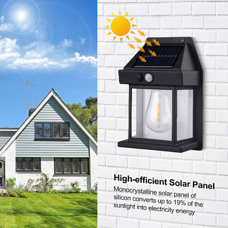 Solar Powered Wall Mount Porch Lantern with Motion Sensor for Outdoor Fence Decorative Interaction Tungsten Lamp Garden Lights