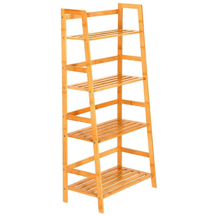 Bamboo Ladder Shelf 4 Tier  Bookcase Organizer Free Standing Wooden Plant Display Rack