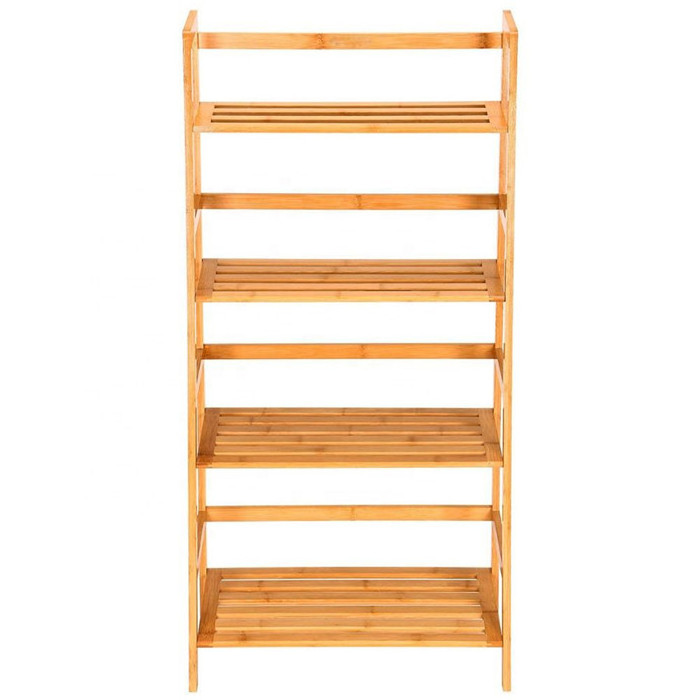 Bamboo Ladder Shelf 4 Tier  Bookcase Organizer Free Standing Wooden Plant Display Rack