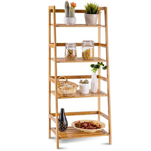 Bamboo Ladder Shelf 4 Tier  Bookcase Organizer Free Standing Wooden Plant Display Rack