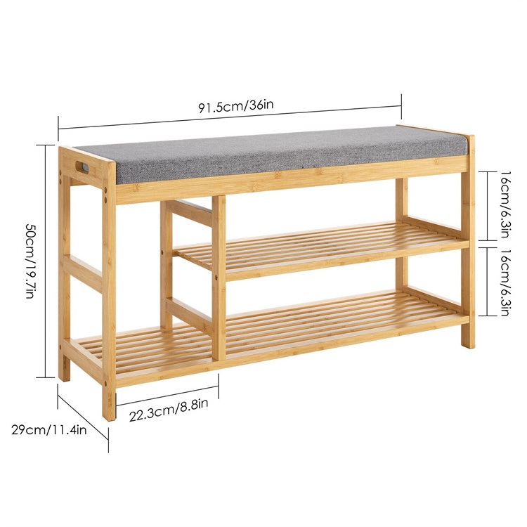 2022 Modern entry way 3-Tier Bamboo Shoe Rack with cushion