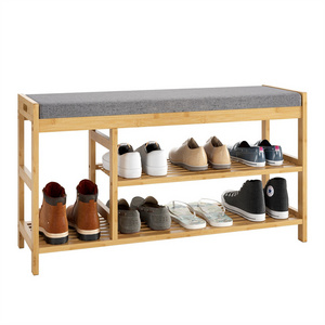 2022 Modern entry way 3-Tier Bamboo Shoe Rack with cushion