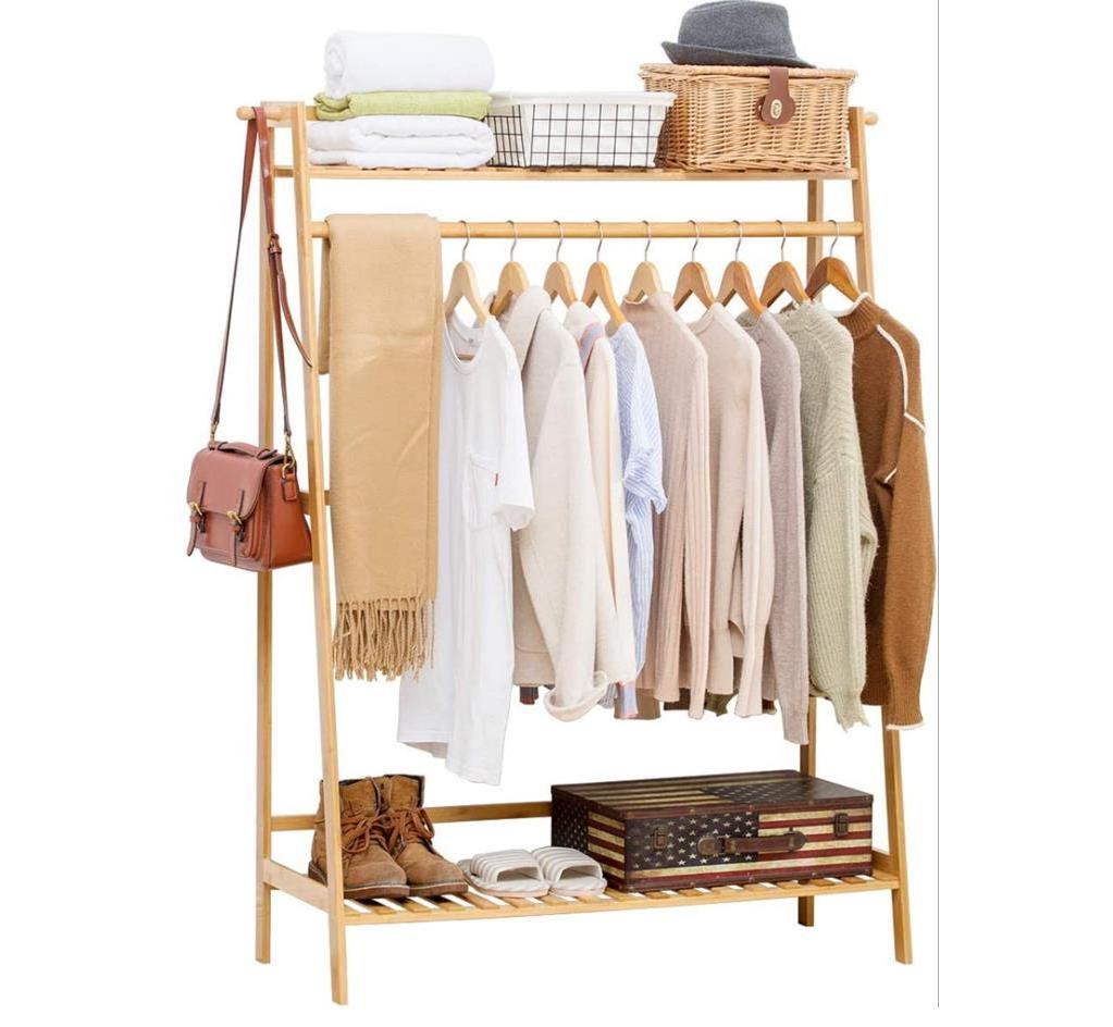 Bamboo Garment Coat Clothes Hanging Heavy Duty Rack with top Shelf and Shoe Clothing Storage Organizer Shelves