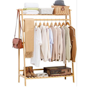 Bamboo Garment Coat Clothes Hanging Heavy Duty Rack with top Shelf and Shoe Clothing Storage Organizer Shelves