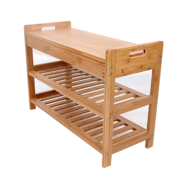 factory living room bamboo wood entry shoe bench rack with storage and removable cushion