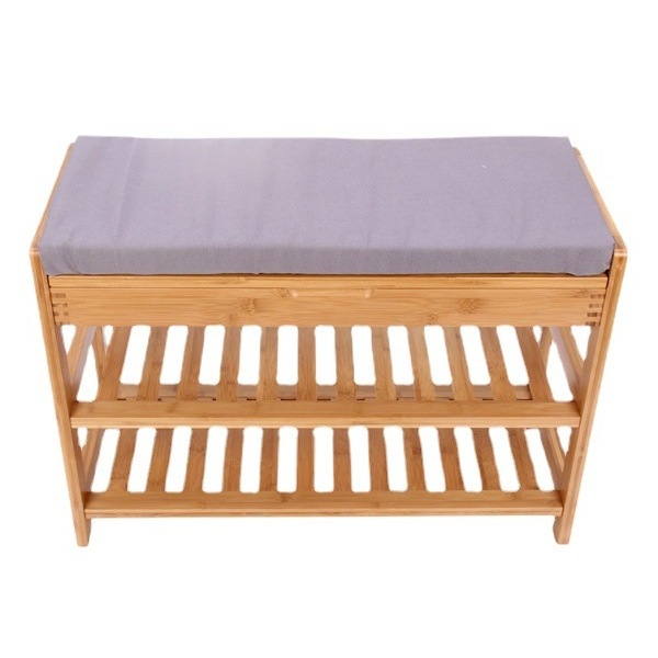 factory living room bamboo wood entry shoe bench rack with storage and removable cushion