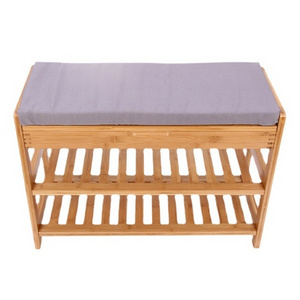 factory living room bamboo wood entry shoe bench rack with storage and removable cushion