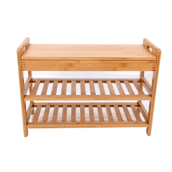 factory living room bamboo wood entry shoe bench rack with storage and removable cushion