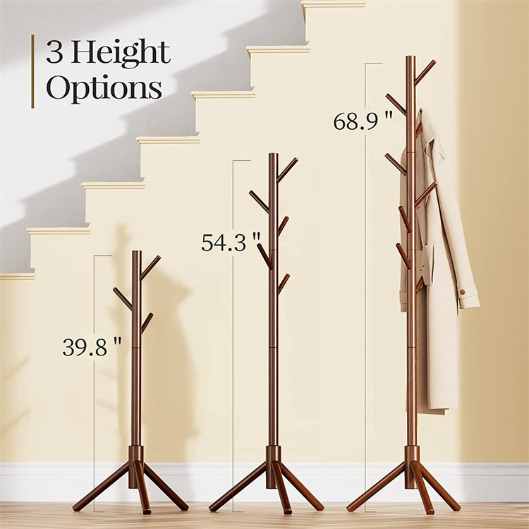 freestanding Wooden Coat Rack Stand cloth hanger stand with 3 Height Options and 8 Hooks