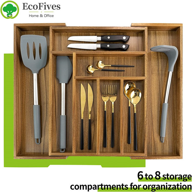 Adjustable 8 compartments acacia wood Kitchen Expandable flatware silverware utensil Drawer Organizer