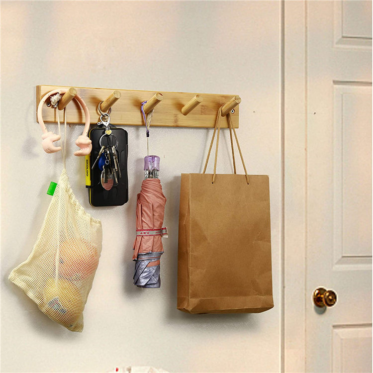 Wall Mounted Coat Rack 5 Pegs Bamboo Wall Hook for Hanging Clothes Robes Towels Hats