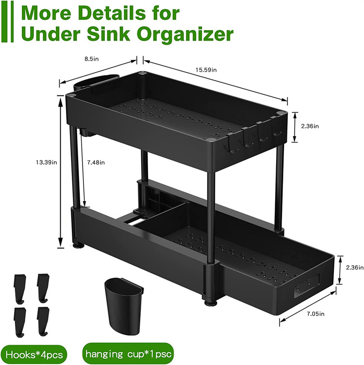 Bathroom Organizer 2-Tier Sliding Kitchen Cabinet Organization with Hook