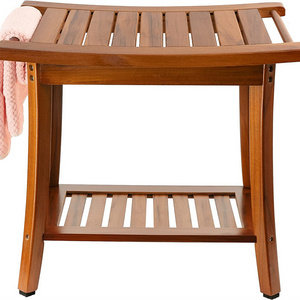 Teak Shower Bench Seat with Handles Wooden Spa Bathing Stool with Storage