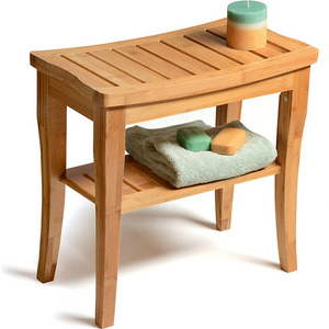 Shower Bench Stool with Shelf  Bamboo Spa Bathroom Decor  Wood Seat Bench