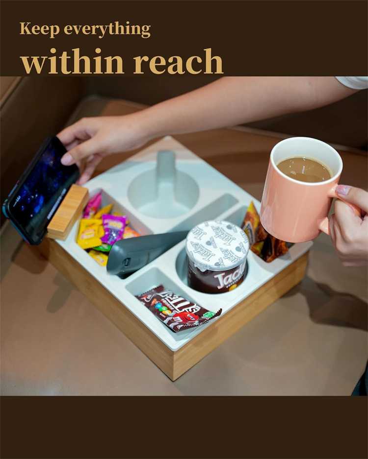 Couch Cup Holder Tray, Silicone Bamboo Couch Caddy with Rotatable Phone Holder