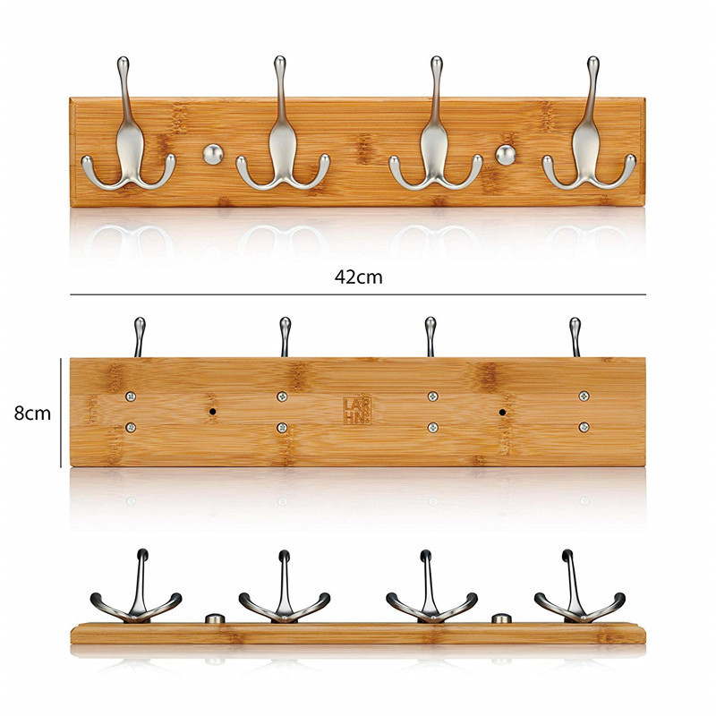 eco-friendly bamboo coat rack wall mounted, vintage clothes wall holder with 4 hooks