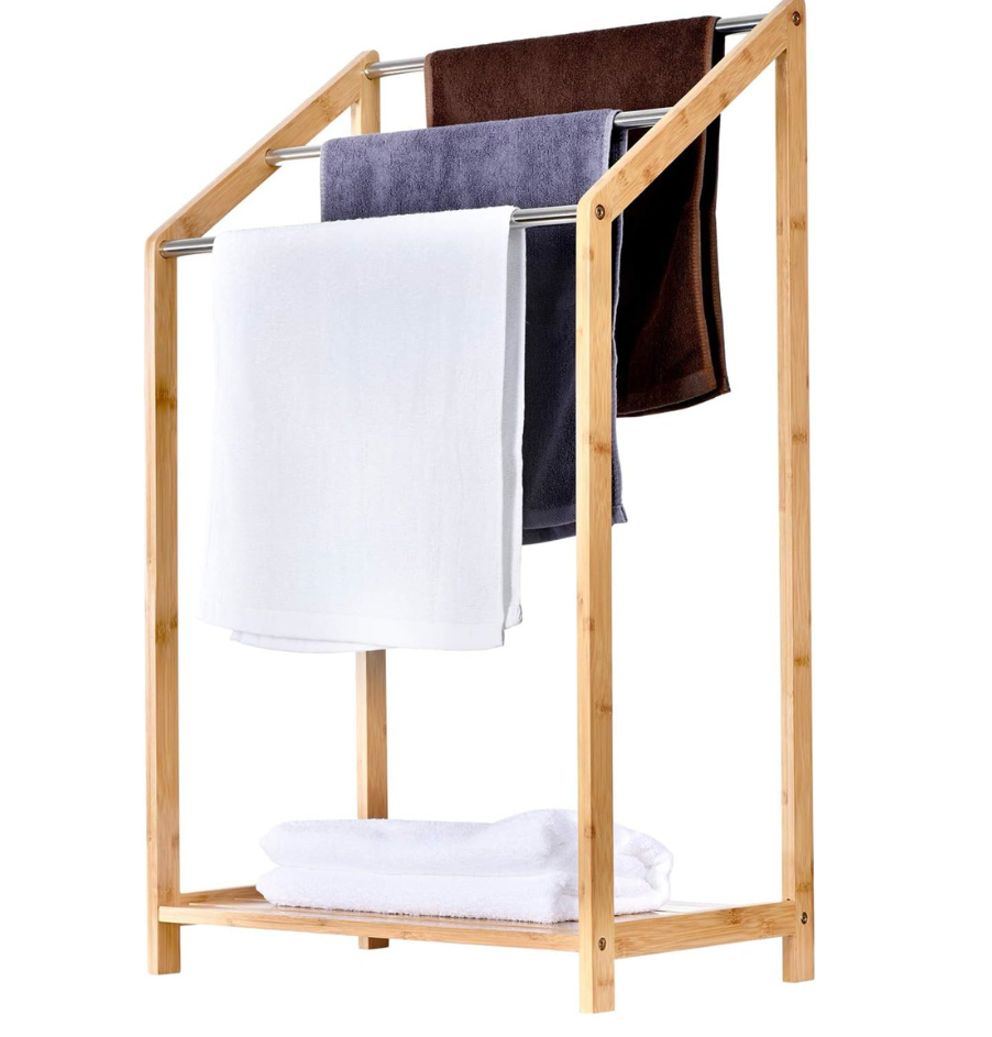 3 tiers bamboo portable bedroom bathroom standing shower dry towel rack, wooden outdoor towel holder rack for pool