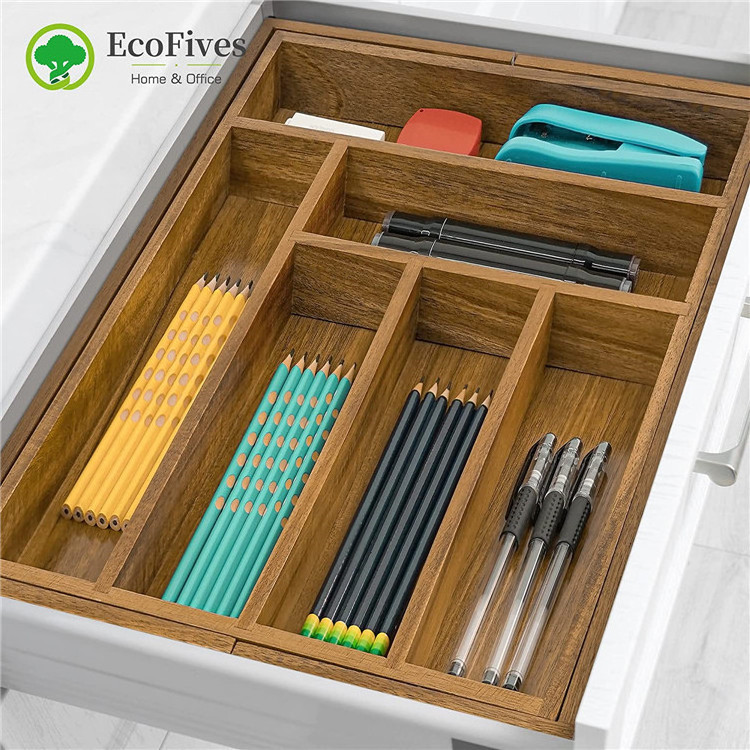 Adjustable 8 compartments acacia wood Kitchen Expandable flatware silverware utensil Drawer Organizer