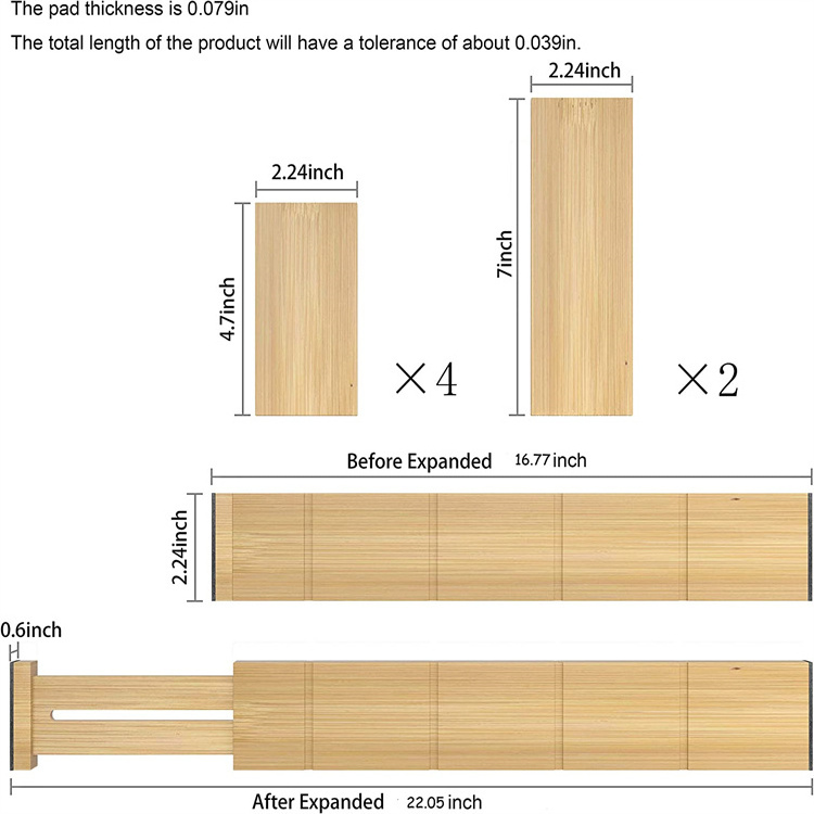 Bamboo Organizer 6 Extra Mini Inserts, Cutlery Organizer Adjustable Expandable Utensil Holder Dresser Drawer Separators
