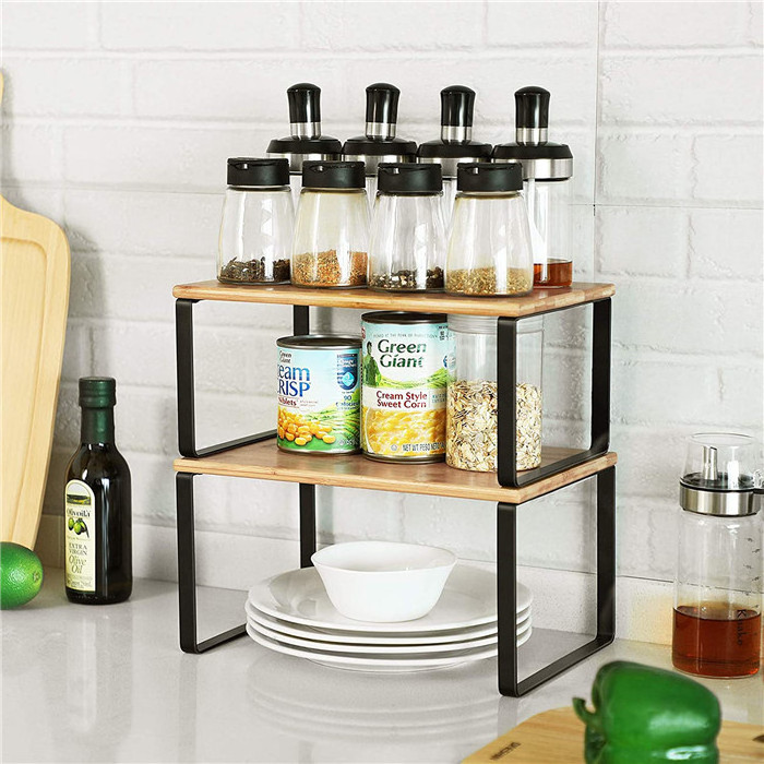 Expandable bamboo Stackable  Cabinet Shelf Organizers, Set of 2 Kitchen Counter Shelves with metal stand