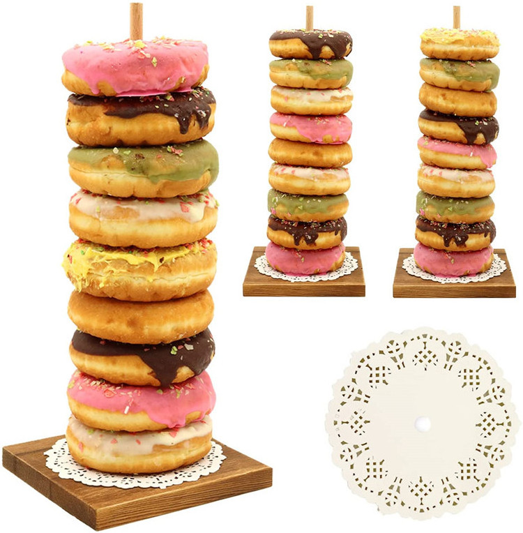 Farmhouse Donut Stand, 3PCS Wooden Donut Holder Display 27 Donuts, Reusable Bagel Donut Holder Stands