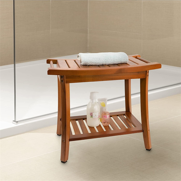Teak Shower Bench Seat with Handles Wooden Spa Bathing Stool with Storage BestSuppliers