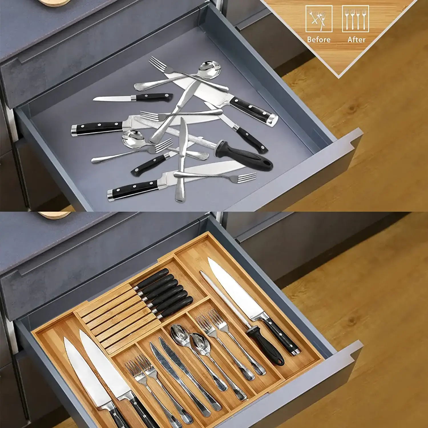 Expandable Bamboo Cutlery Drawer Organizer, Cutlery and Utensil Tray Kitchen