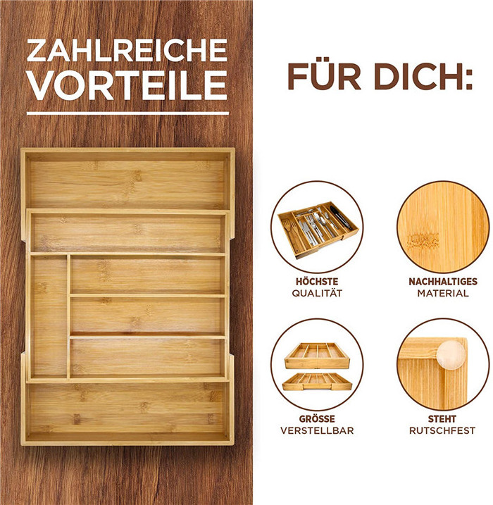 Multifunctional expandable bamboo kitchen drawer cutlery storage tray for storage