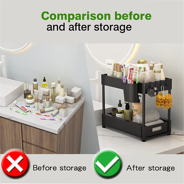 Bathroom Organizer 2-Tier Sliding Kitchen Cabinet Organization with Hook