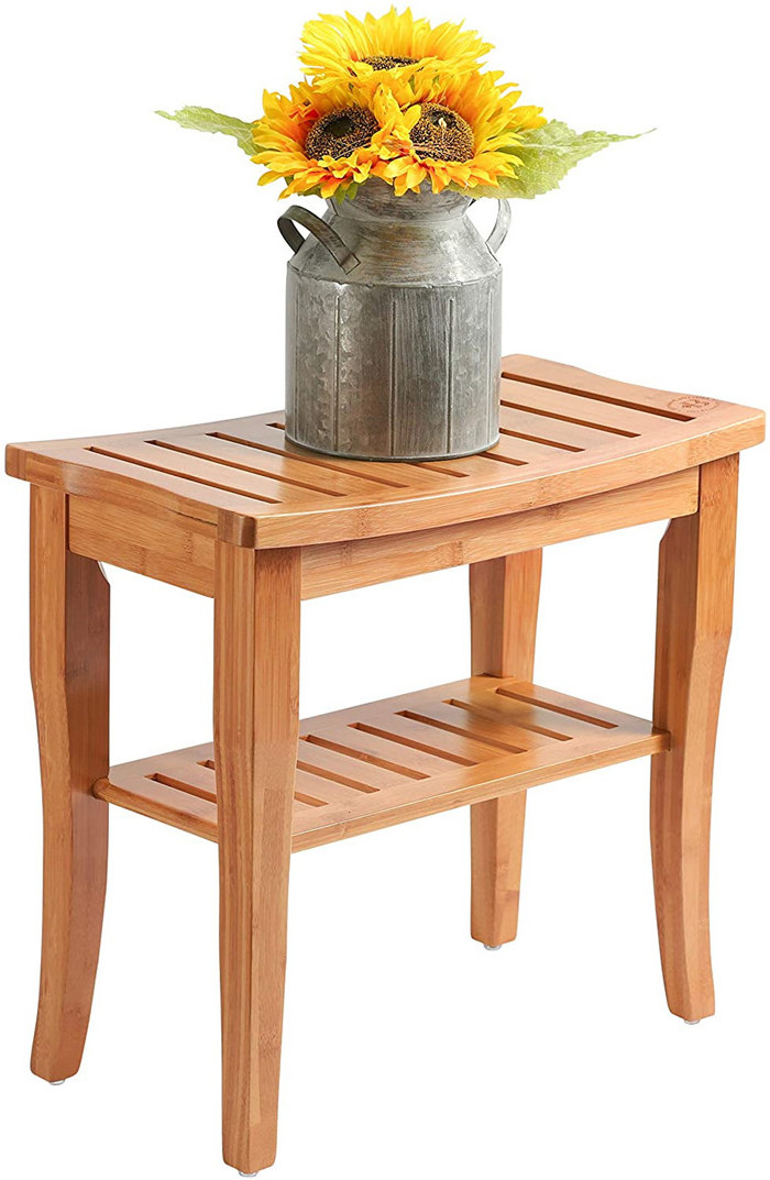 Shower Bench Stool with Shelf  Bamboo Spa Bathroom Decor  Wood Seat Bench