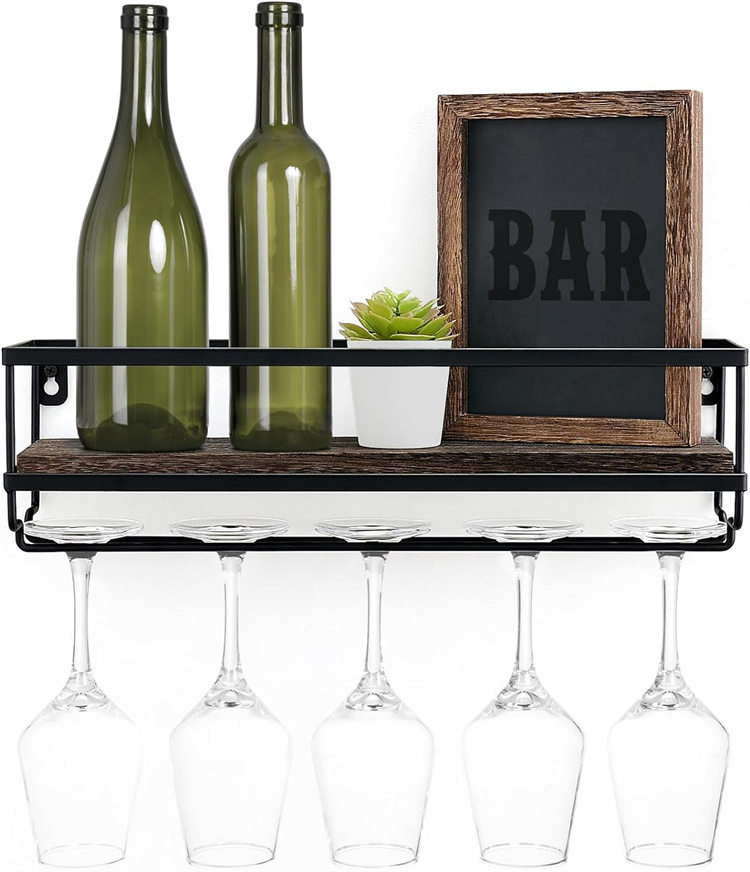 wall mounted wood with metal wine glass drying  rack for home